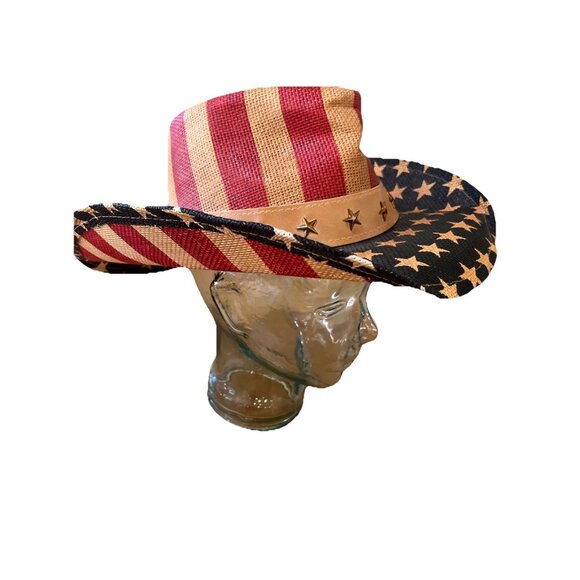 Men's American Flag Cowboy Hat, Striped Western Tea-Stained USA Shape-It Brim - Picture 1 of 6